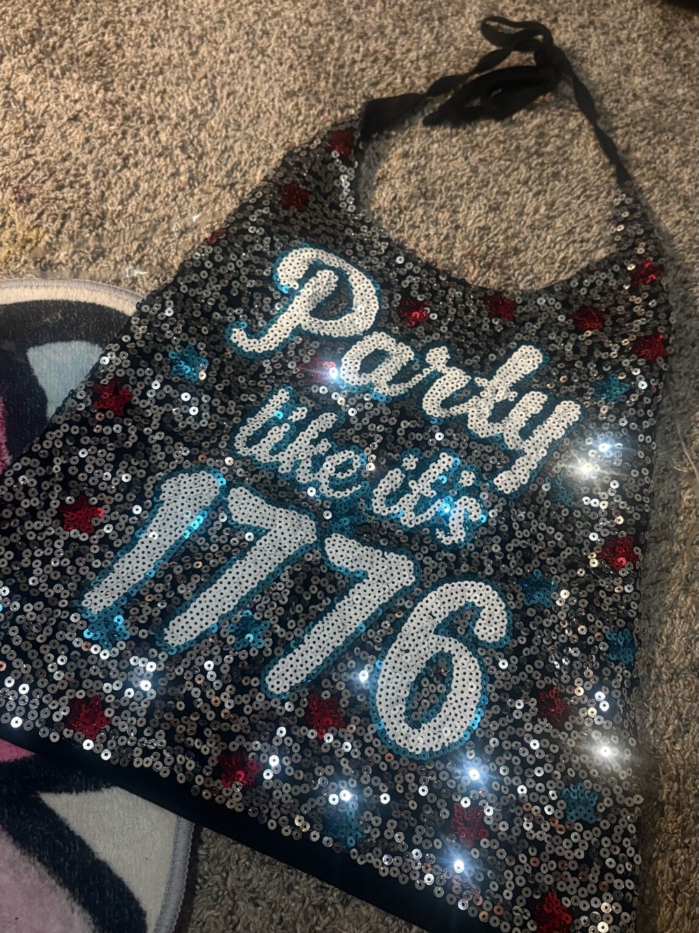 Miss Chievous Black Sequin Halter Apron with Blue and Red Accents